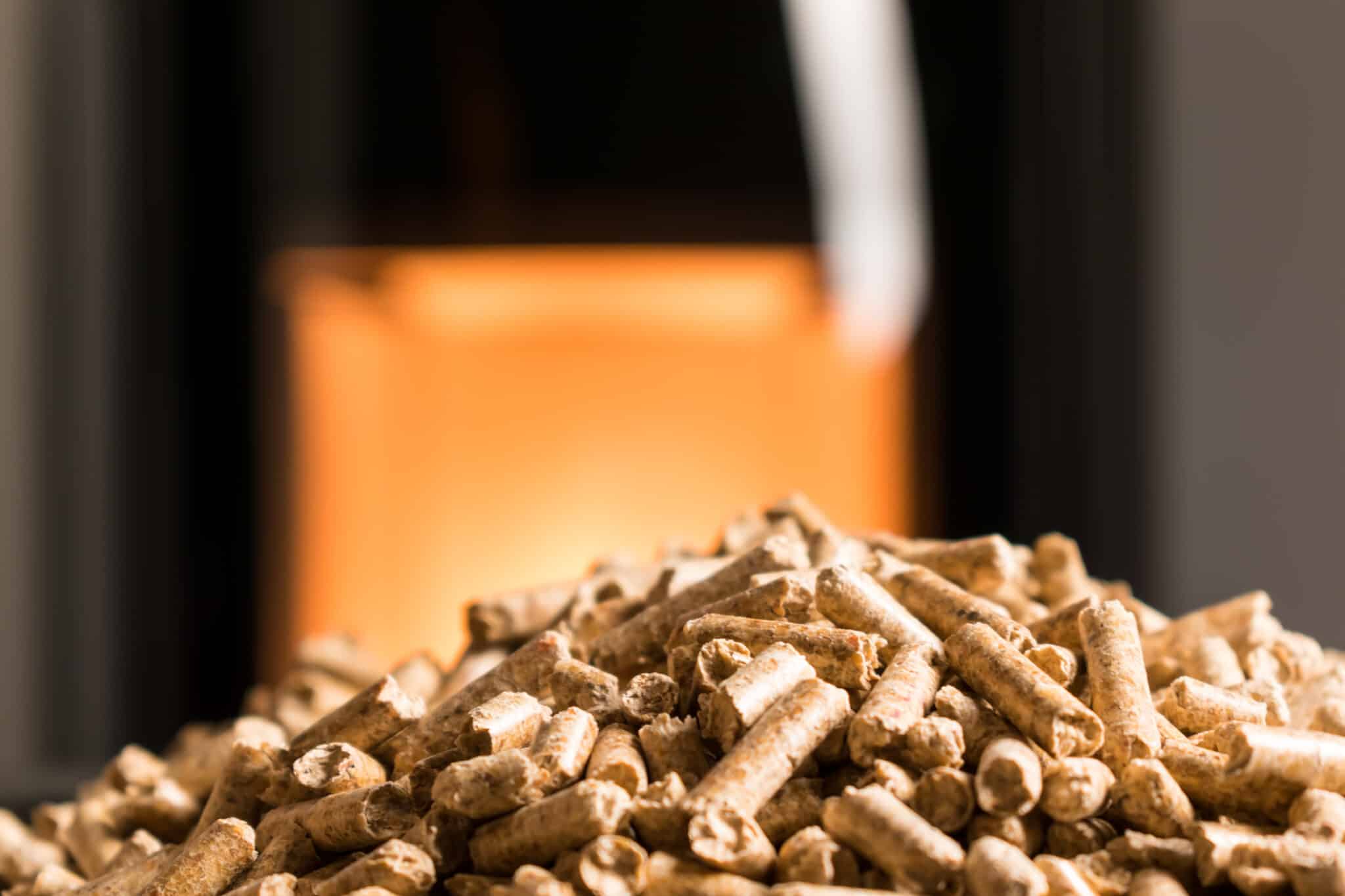 Modern domestic pellet stove, granules stove with flames