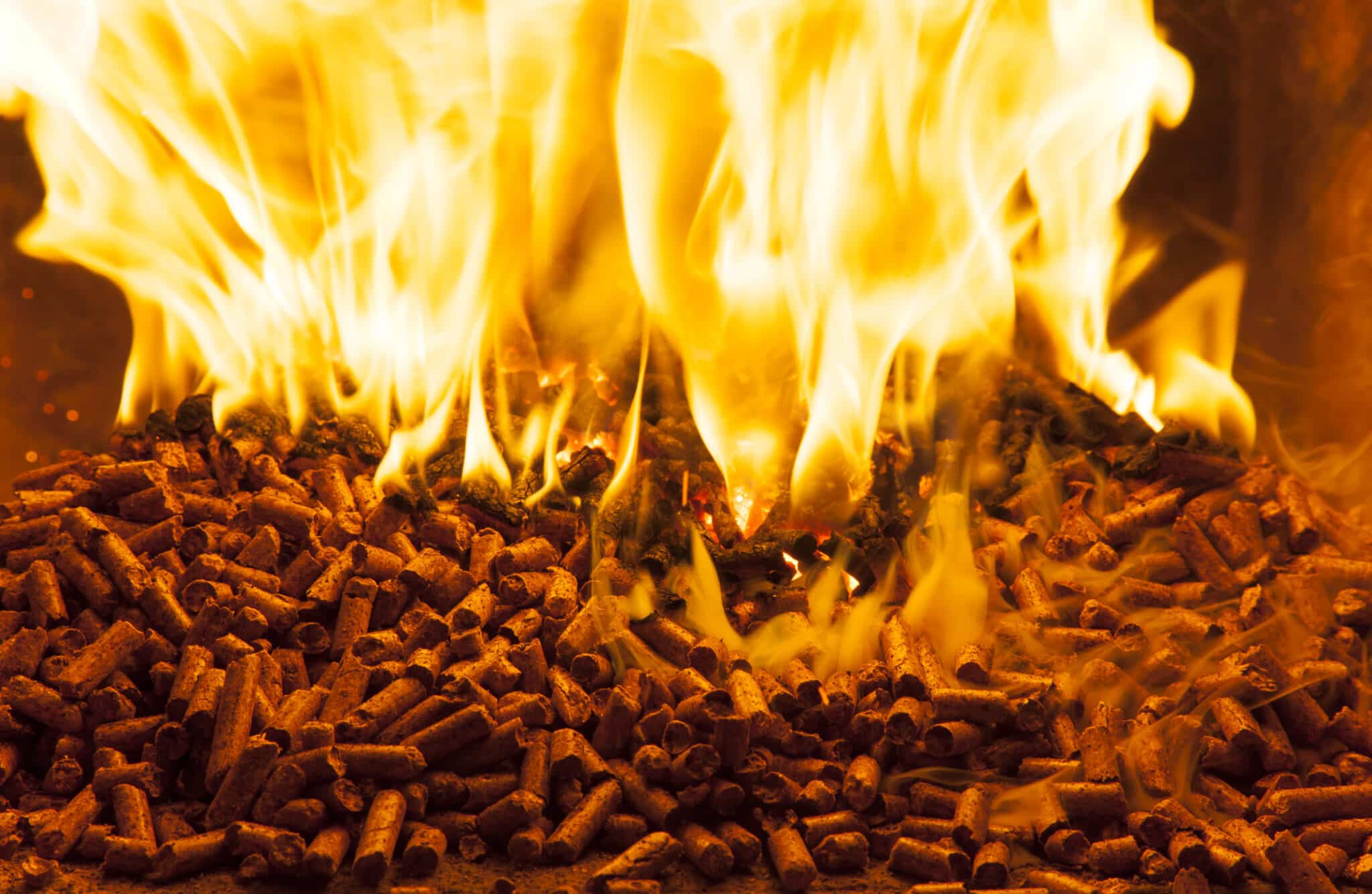 Closeup of burning wood pellets in oven.